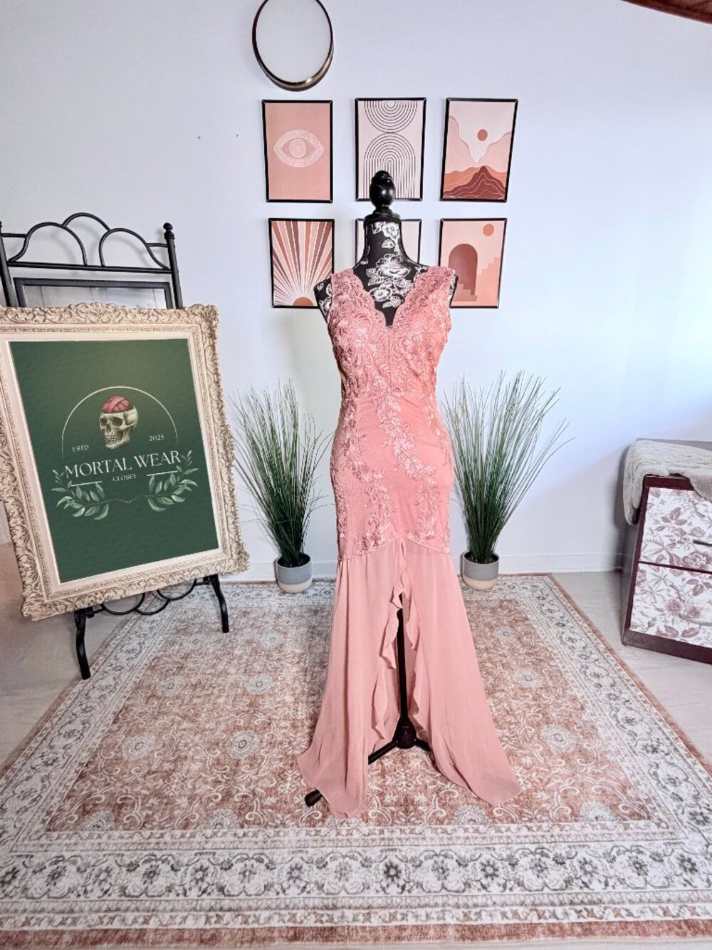 Fashion Nova Pink Rose Lace Dress with V-neckline and a High-Low Ruffle Skirt